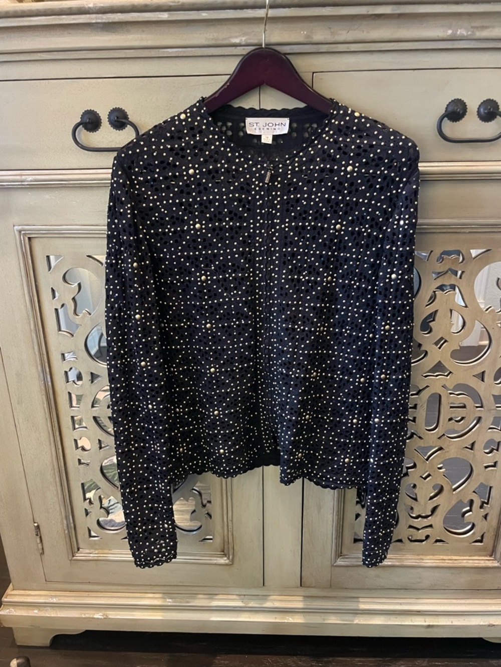 St. John Evening Black Knit Zip Front crocheted style sweater  with Silver Beads